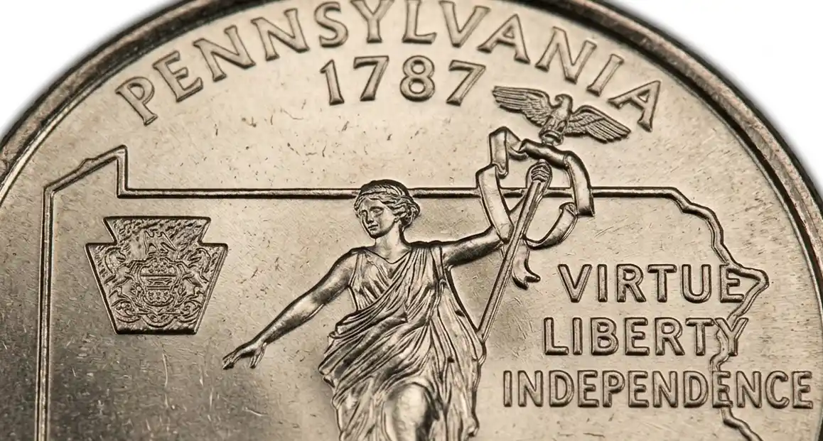 Macro shot of 1999 Pennsylvania quarter reverse engraving
