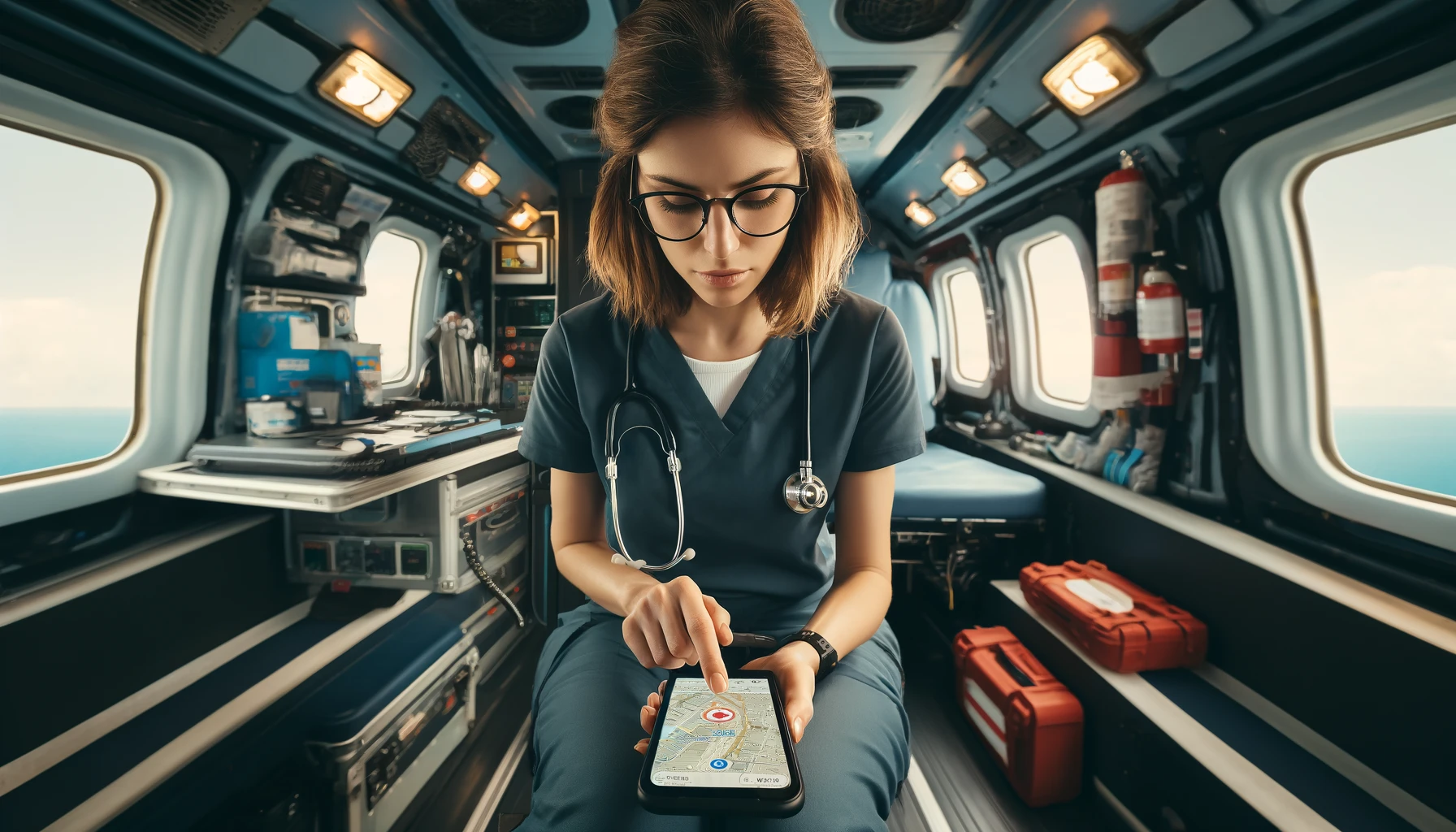 woman working in an air ambulance, using her smartphone location tracking app