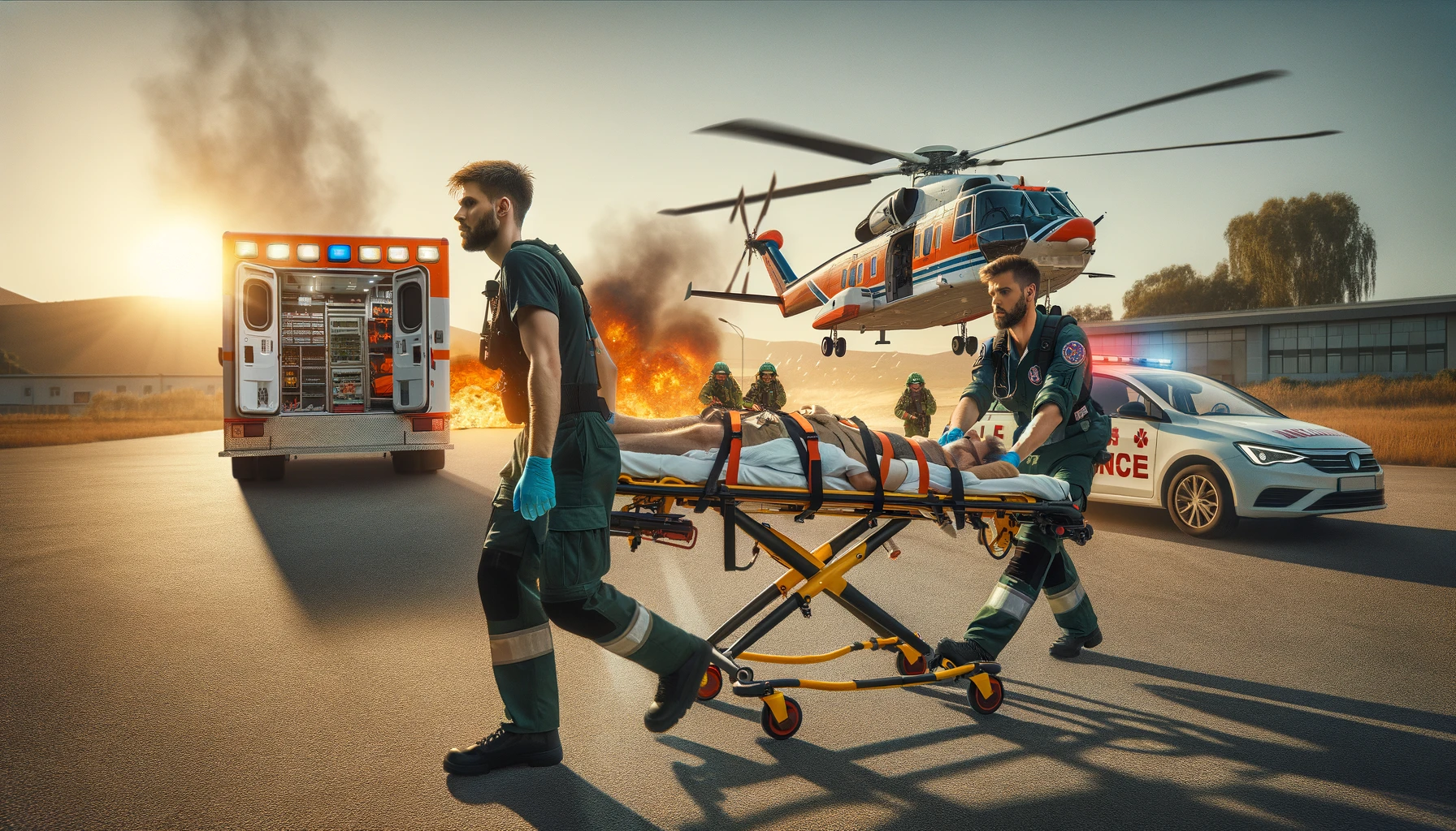 cooperation between air rescue service and emergency medical service on the ground, with a paramedic pulling a stretcher with a patient to the ambulance car