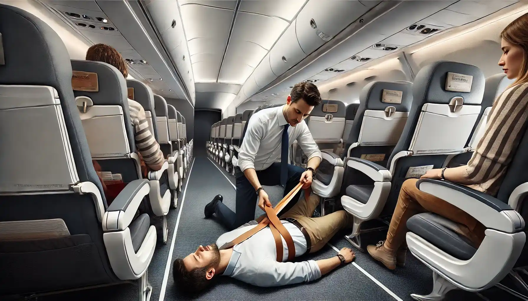An airplane cabin during an emergency situation where a passenger is assisting another by tying a tourniquet using some belts. 
