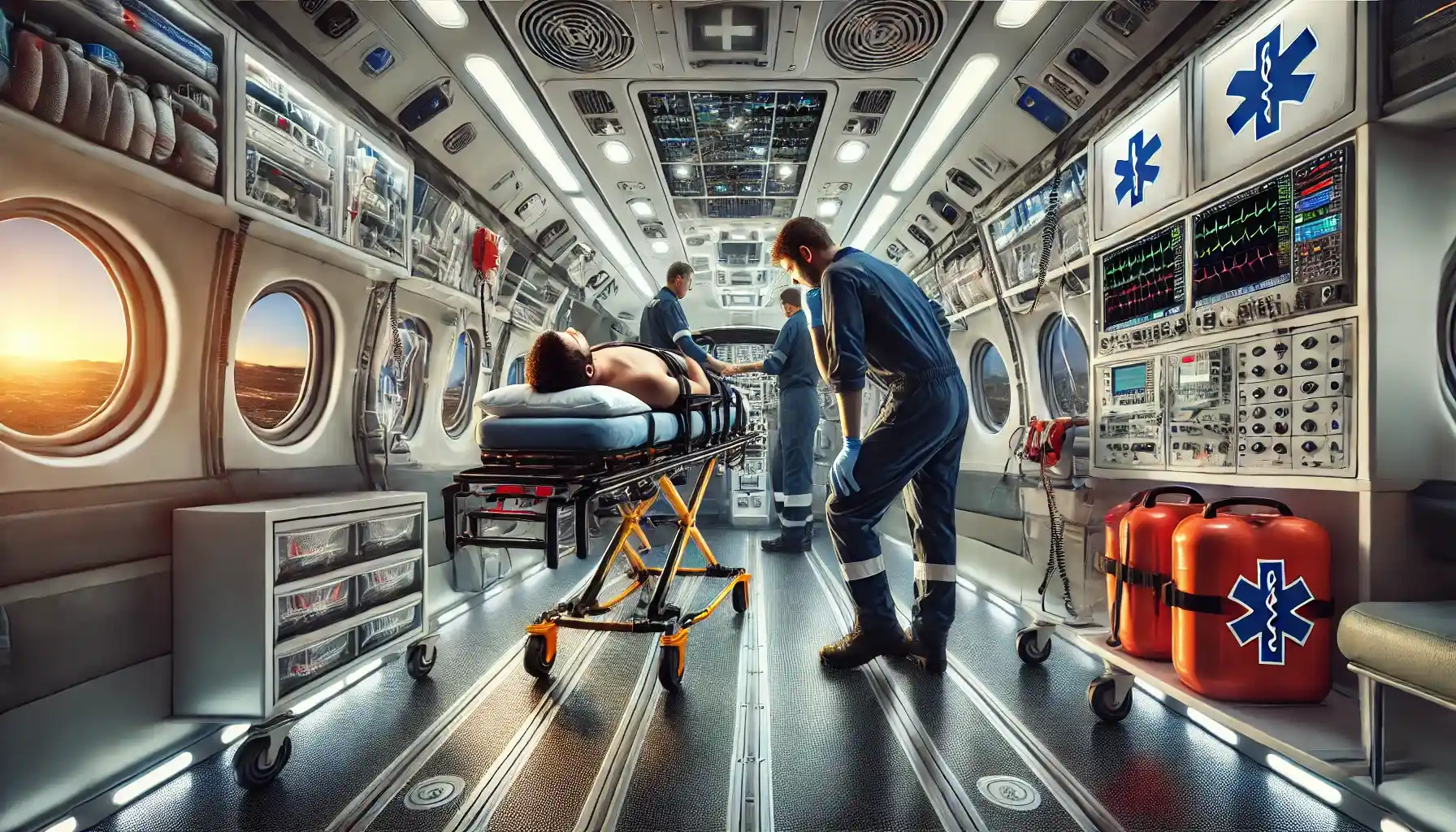 an air ambulance interior with advanced medical equipment and a patient being attended to by a paramedic.