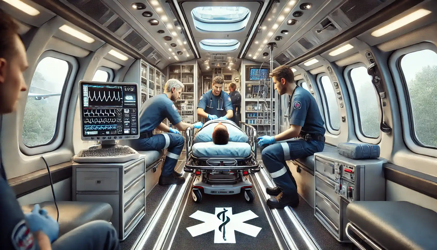 a paramedic team inside a modern air ambulance, attending to a patient with advanced medical equipment in a well-lit cabin.