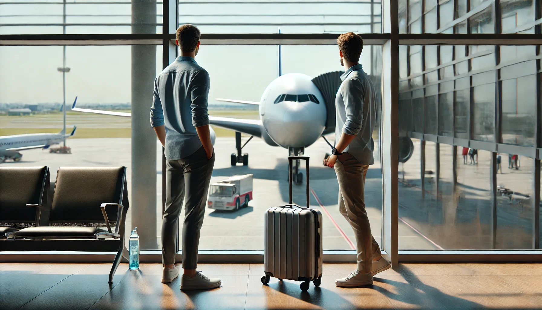 Men with hand luggage and a bottle of water are looking at the plane through the airport window and preparing for the flight.
