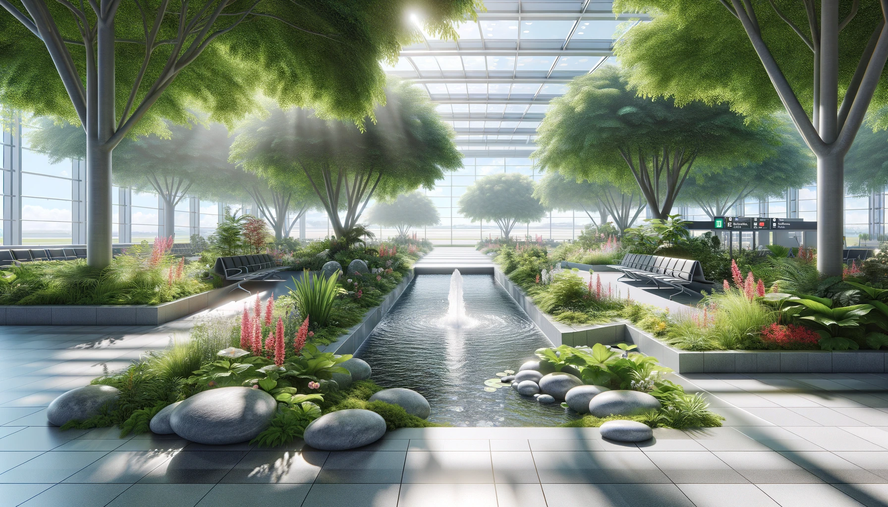 a serene airport garden with lush greenery, flowers, and a small water feature.