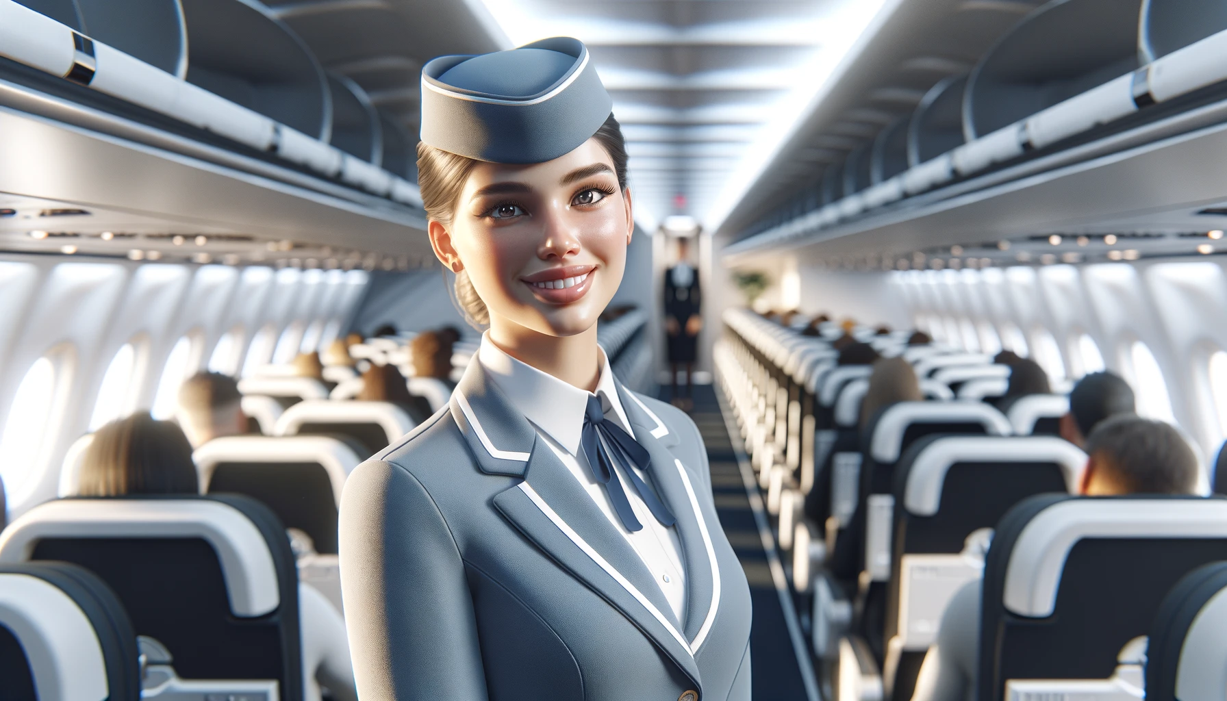 a smiling stewardess standing in an airplane aisle.