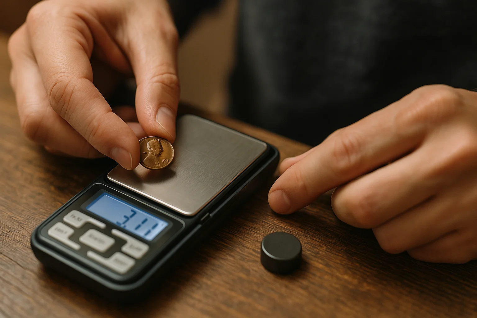 A person carefully places a Lincoln Wheat cent on a small digital scale while a magnet lies nearby to check the metal type.