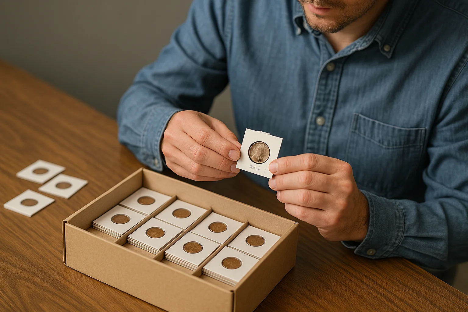 A collector sorts Wheat cents into labeled coin holders and stores them neatly in a box, keeping the collection organized and easy to review.